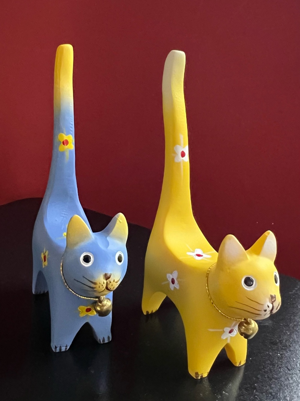 Two Little Kitties Ring Stand Holders Hand Painted Flower Detail Vanity Decor